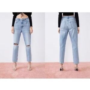 Zara Size 4 High Rise Mom Jeans Ripped Knees Frayed Waistband Distressed Tapered